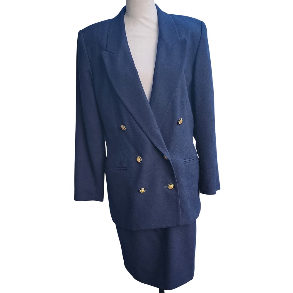 VTG Stevens 100% Wool Navy Blue Skirt Set Gold Button Size 12 FITS More of 10